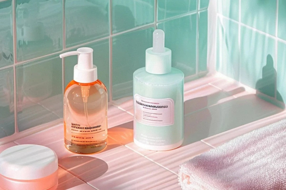 Skincare bottles on a pink background