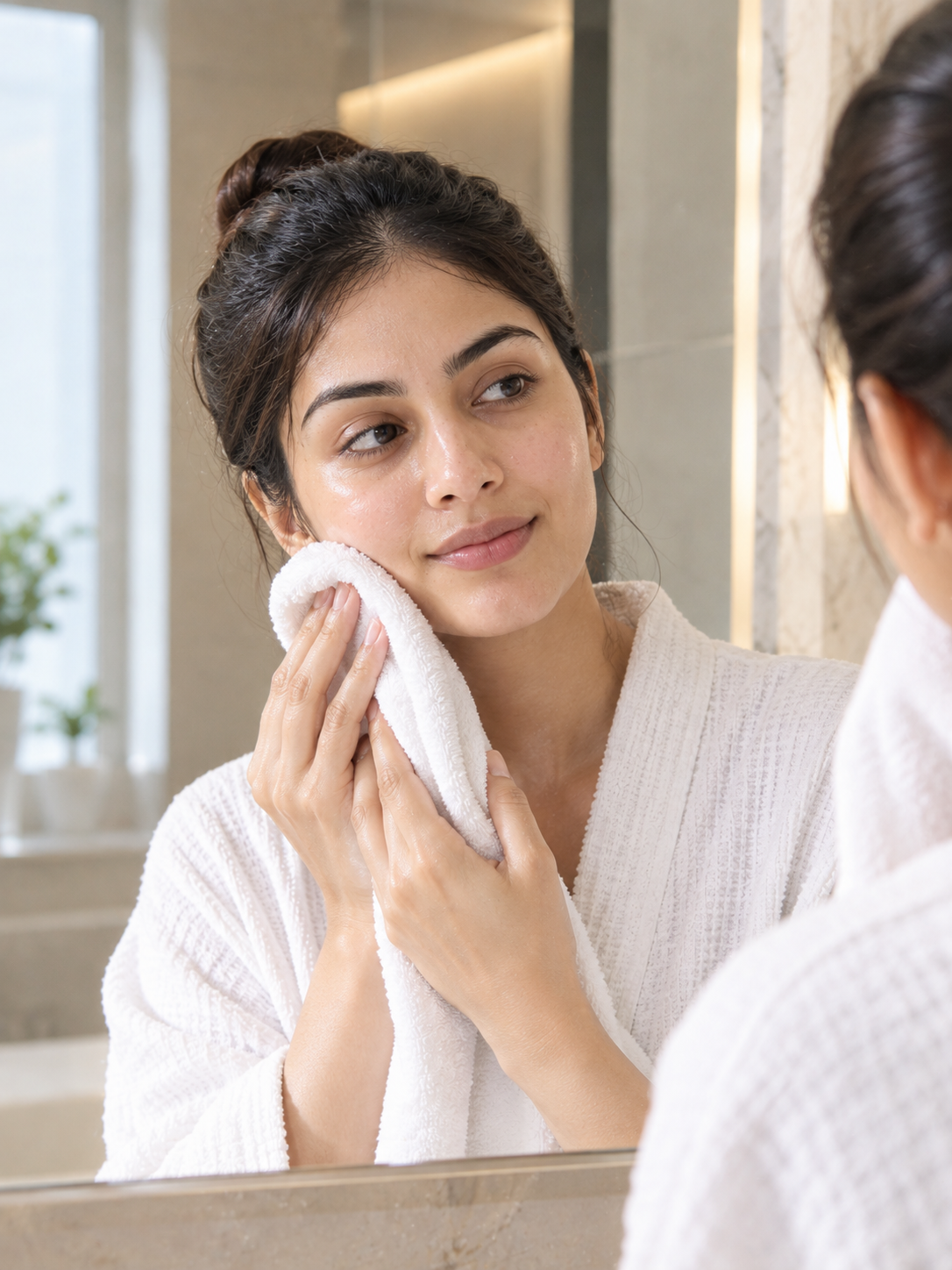 After rinsing, gently pat your skin dry with a soft, clean towel without rubbing.