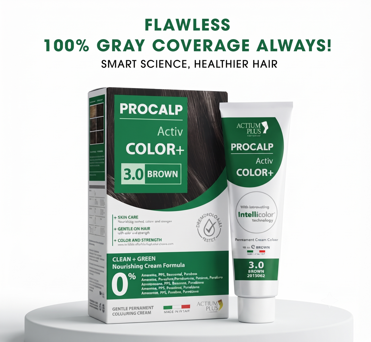 Actium Plus PROCALP Activ Color+ | (3.0-BROWN) | Long-lasting Permanent Hair Color | Dermatologist-tested | For Men/ Women | 60ml