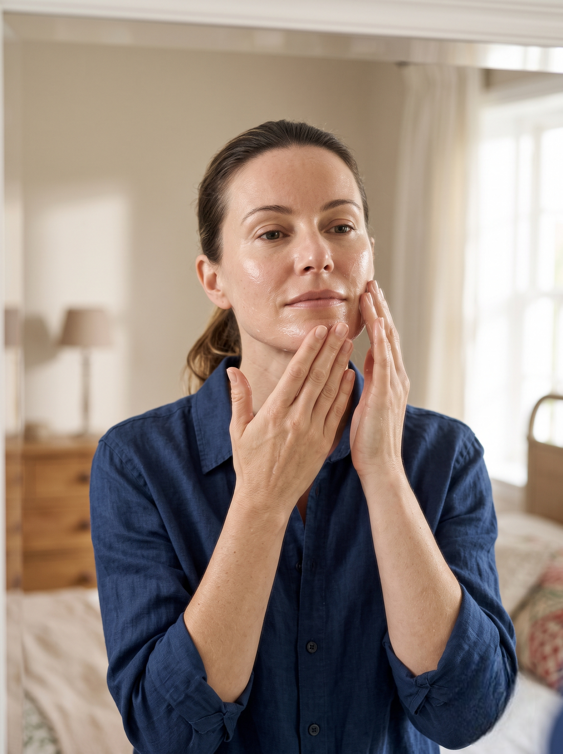 Apply an even layer across your clean face and neck using gentle, controlled movements.