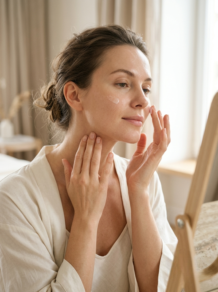 Take a small amount of cream and apply evenly to the face and neck