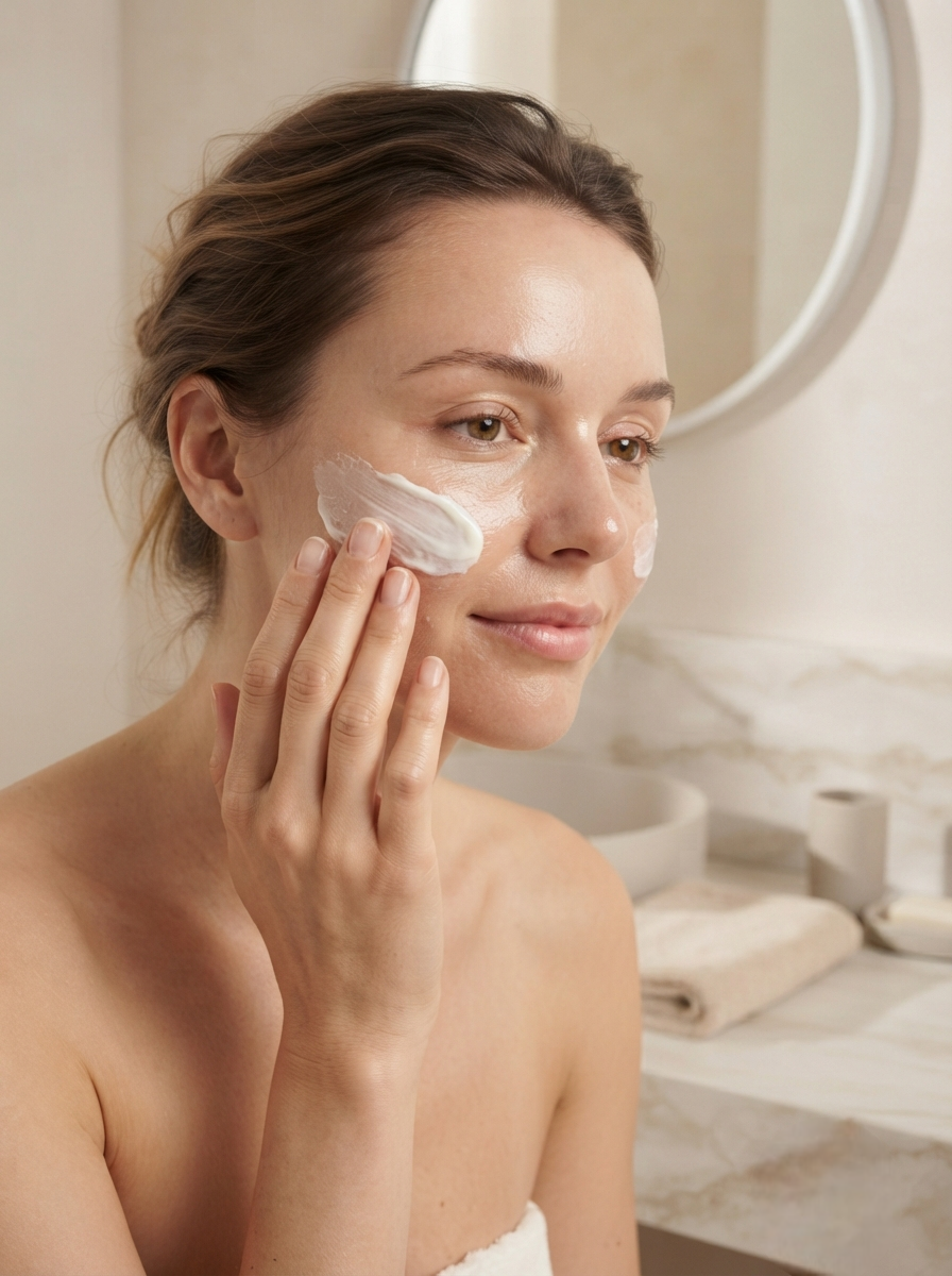Take a suitable amount of cream and gently apply it over dry areas of the face and body