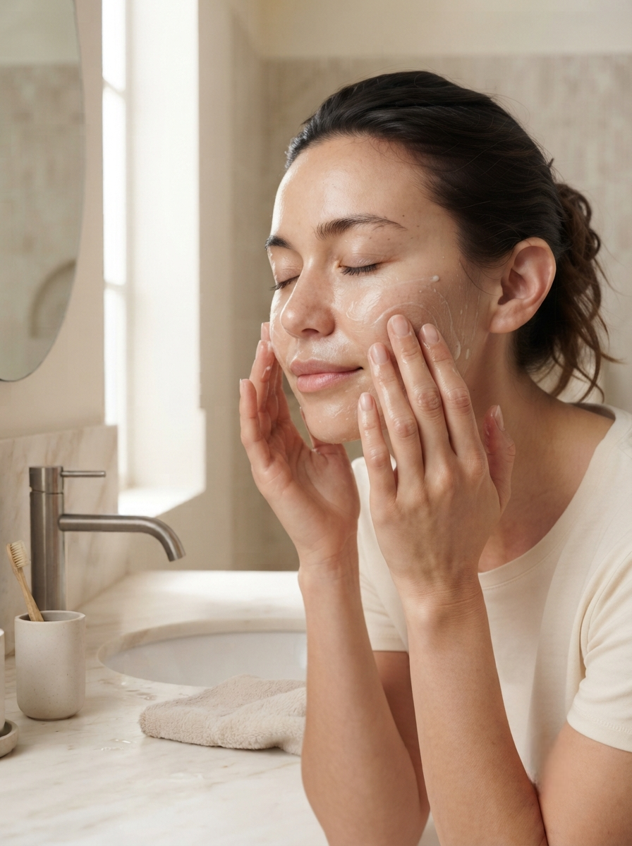 Gently massage the cleanser into the skin using small circular motions without harsh rubbing