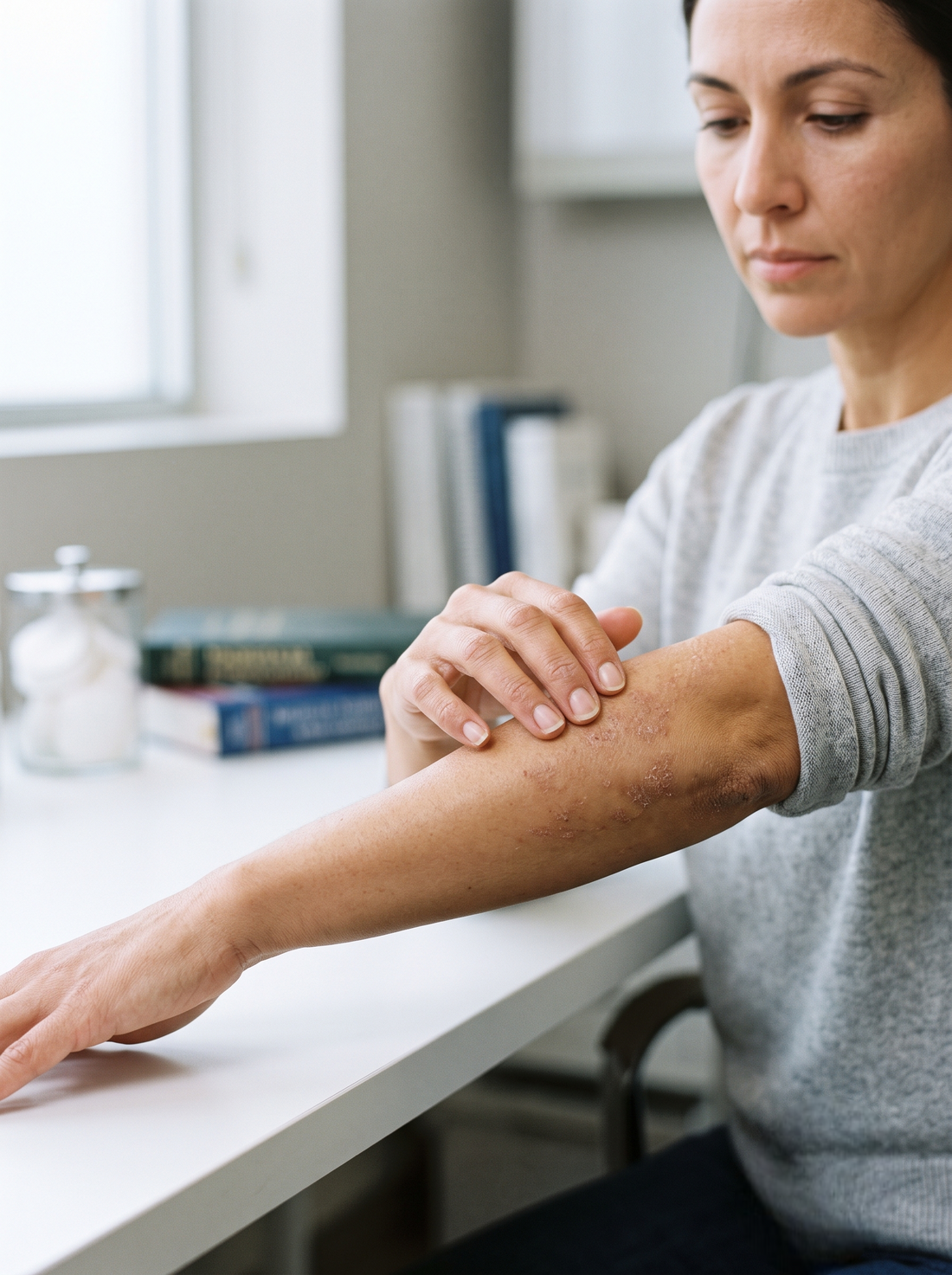 Locate the areas of very dry, rough, or psoriasis-prone skin