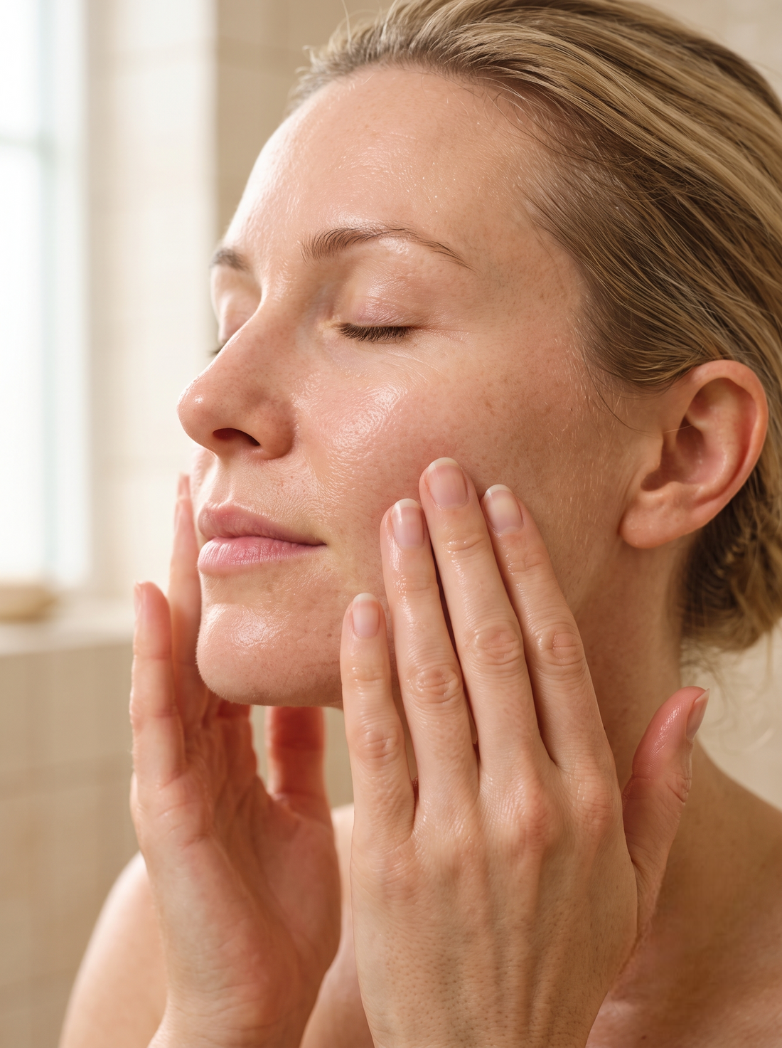 Begin with a clean, dry face and neck.