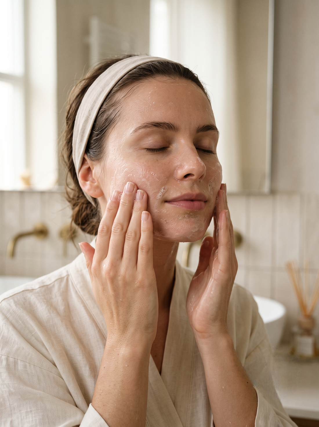 Apply cleanser to damp skin and massage gently in circular motions