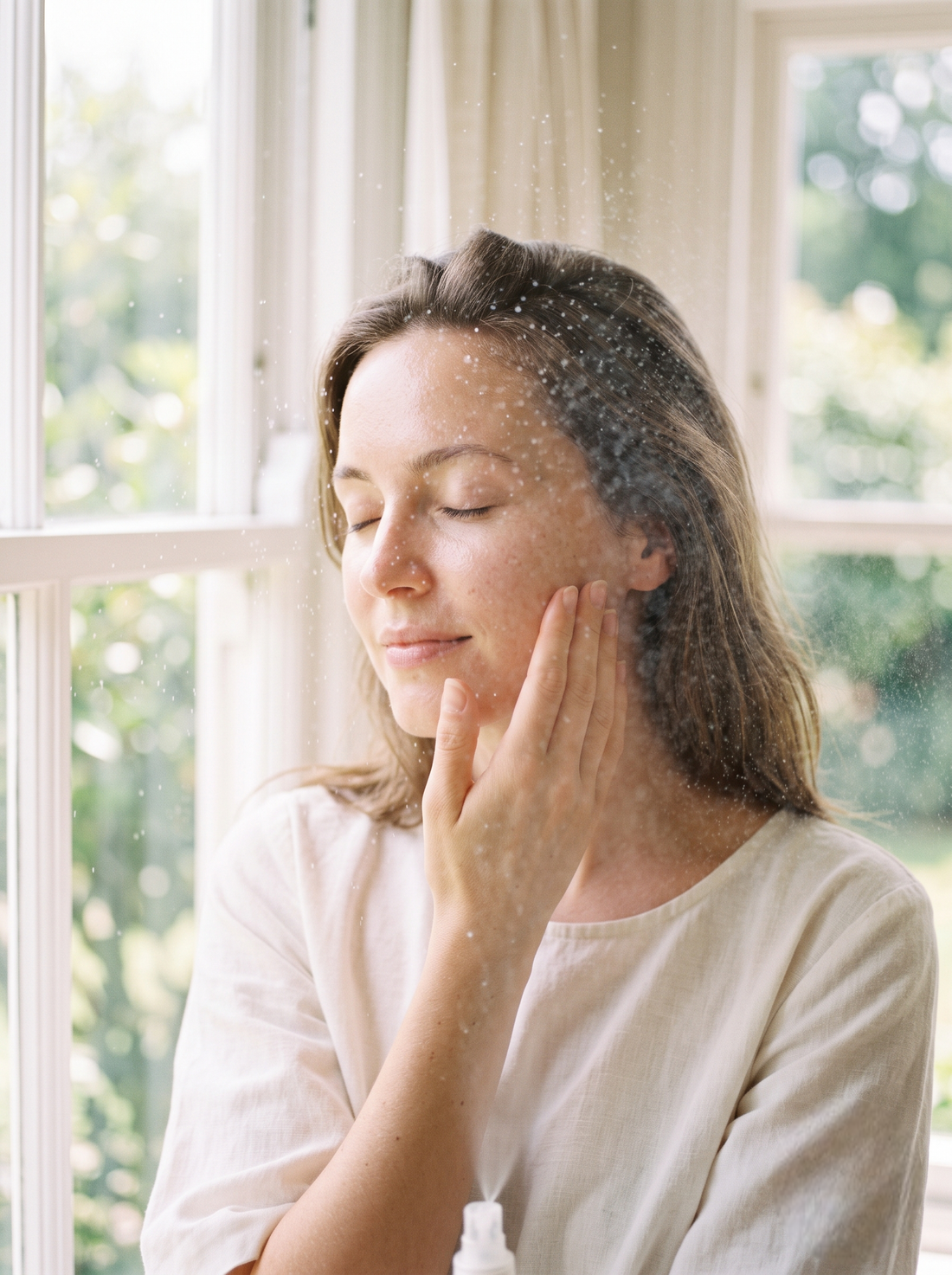 Spray a fine mist evenly across your face, keeping your eyes closed during application.