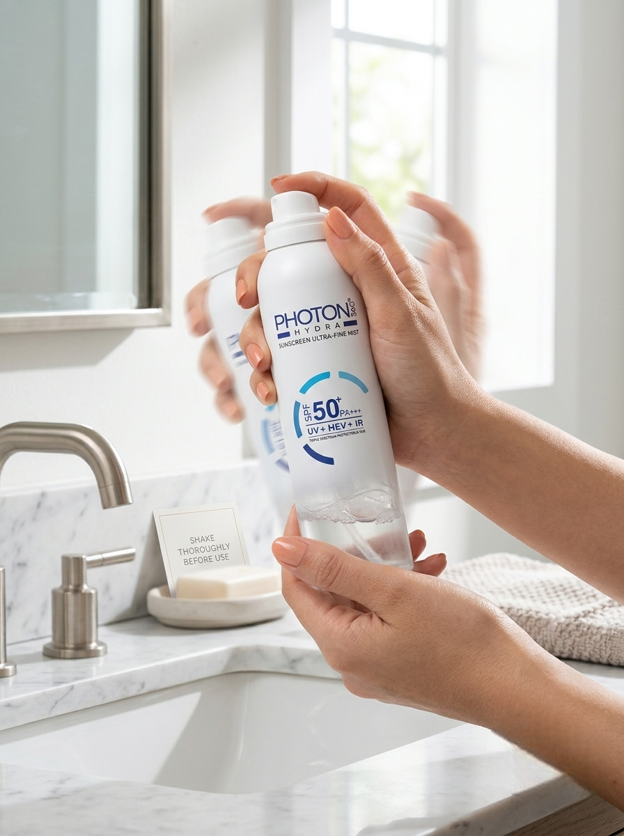 Shake the sunscreen mist bottle thoroughly before use to ensure an even blend of active ingredients