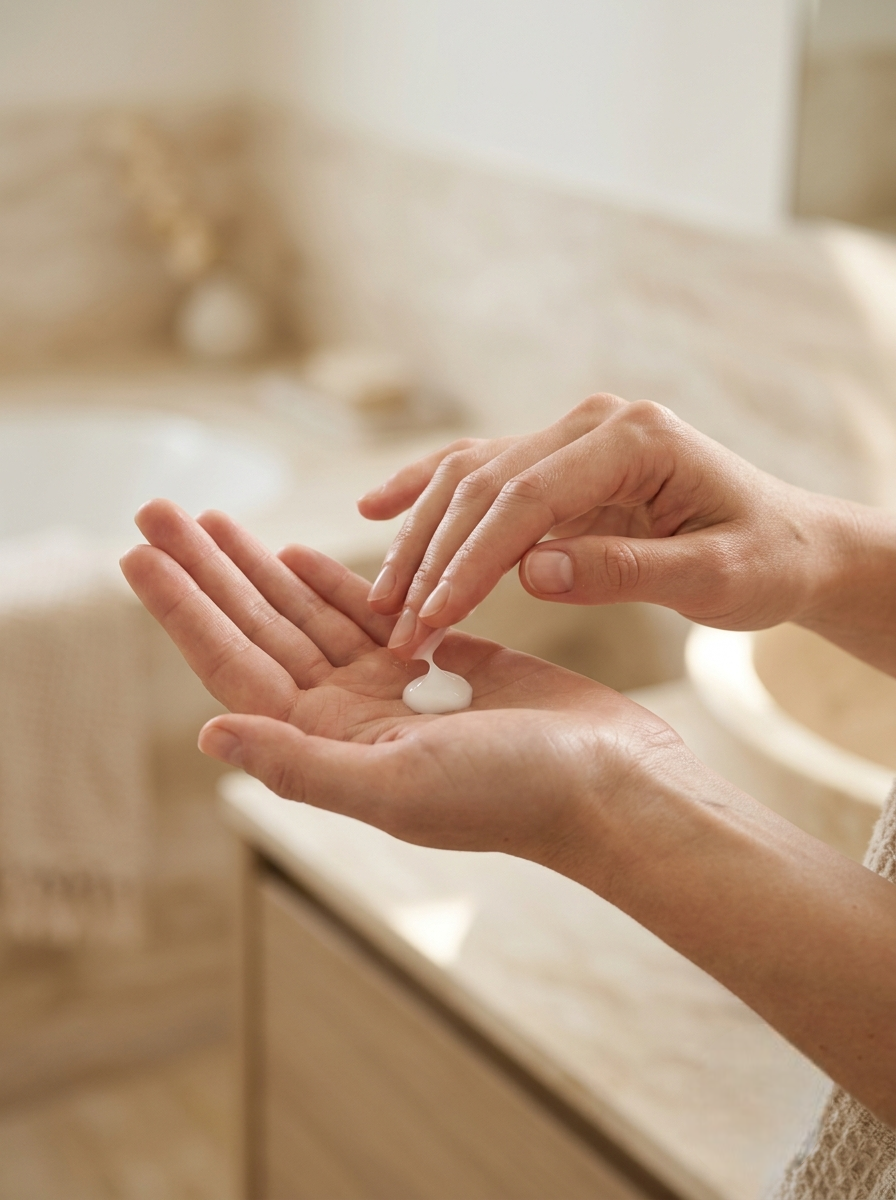 Dispense a small amount of lotion onto your palm