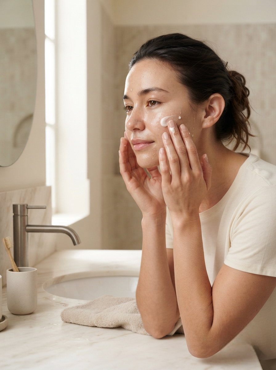 Apply a suitable amount of cleanser to the wet skin using clean fingertips
