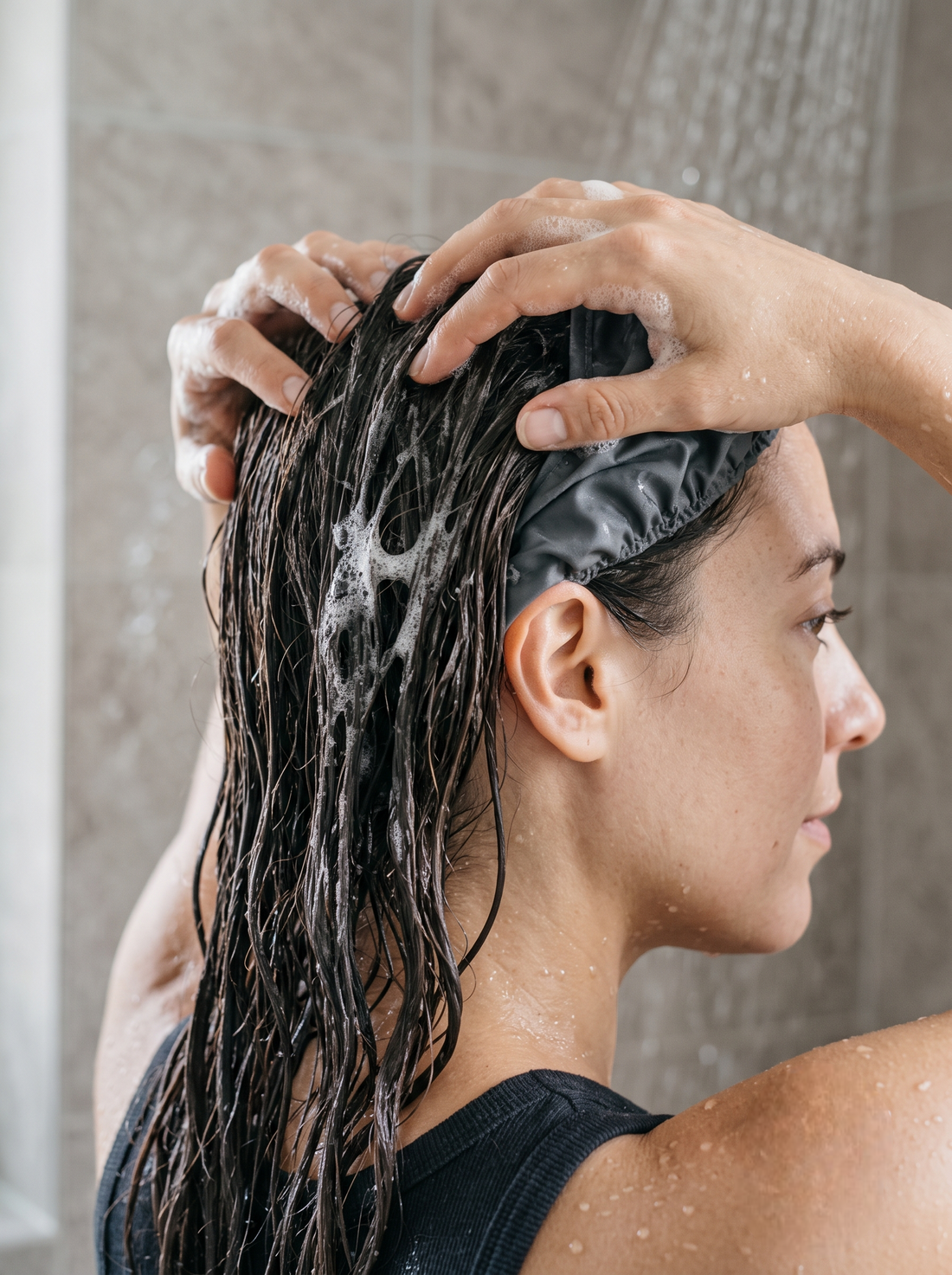 Gently massage the scalp and hair with your fingertips to create a soft, even lather.
