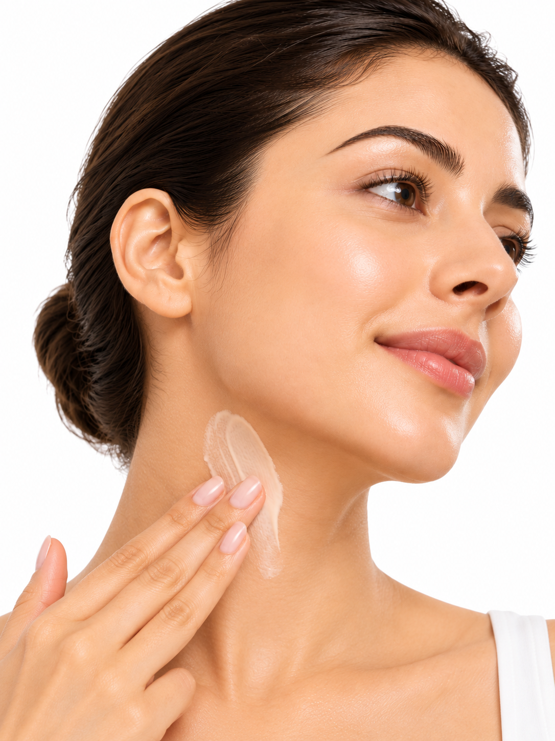 Dot the fluid evenly across your face and neck