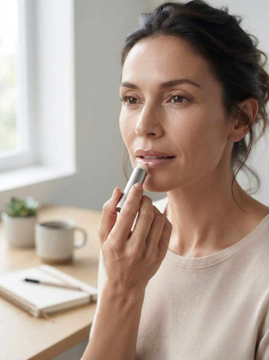 If needed, gently smooth the balm over the lips with clean fingertips without rubbing, pulling, or applying excessive pressure