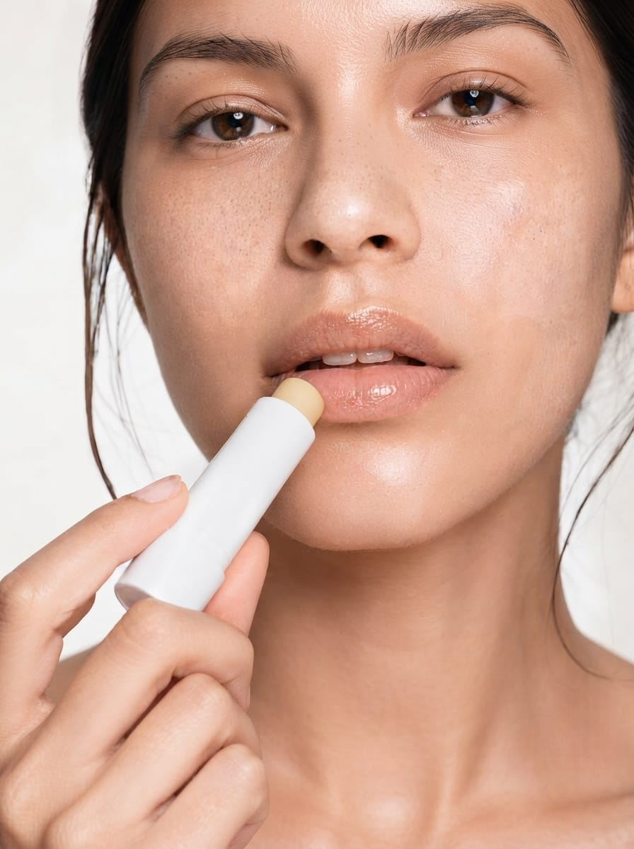 Take a small amount of balm and apply an even, thin layer across the lips, covering the entire lip surface